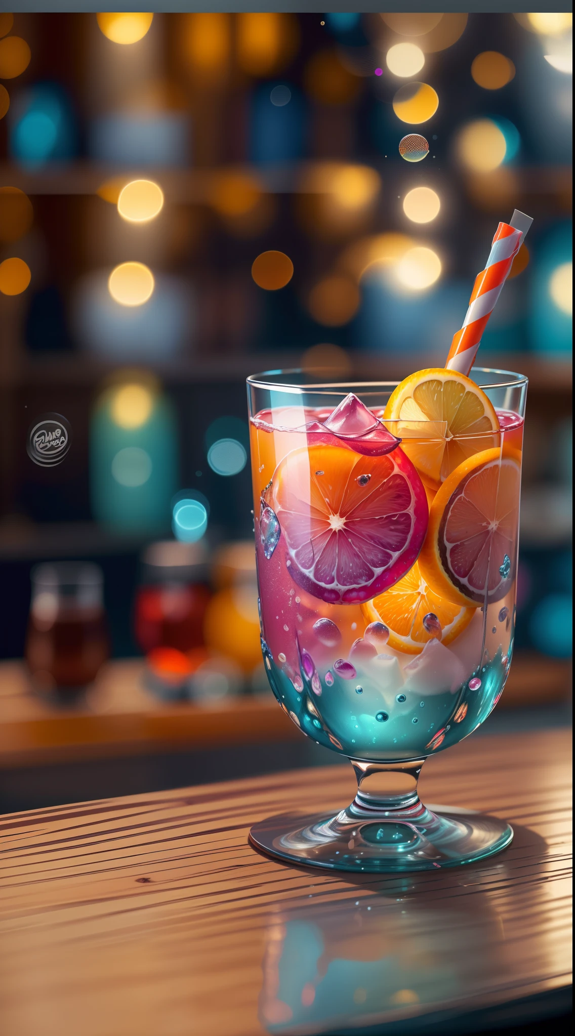 (best quality,4k,8k,highres,masterpiece:1.2),ultra-detailed,(realistic,photorealistic,photo-realistic:1.37),AbstractPatternStyle,cocktail in a glass on a counter,Colorful lighting,Bokeh DOF background