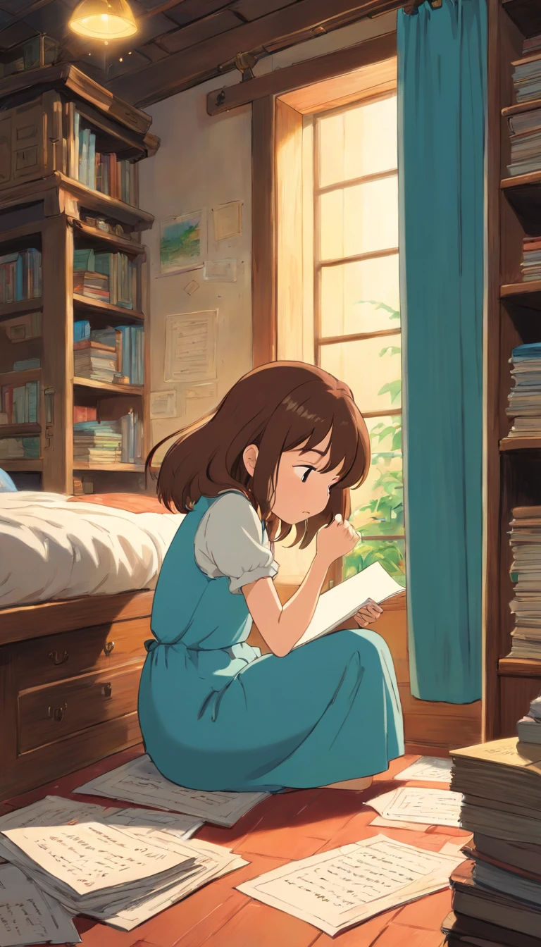 A girl with brown hair crying while reading a letter in her room