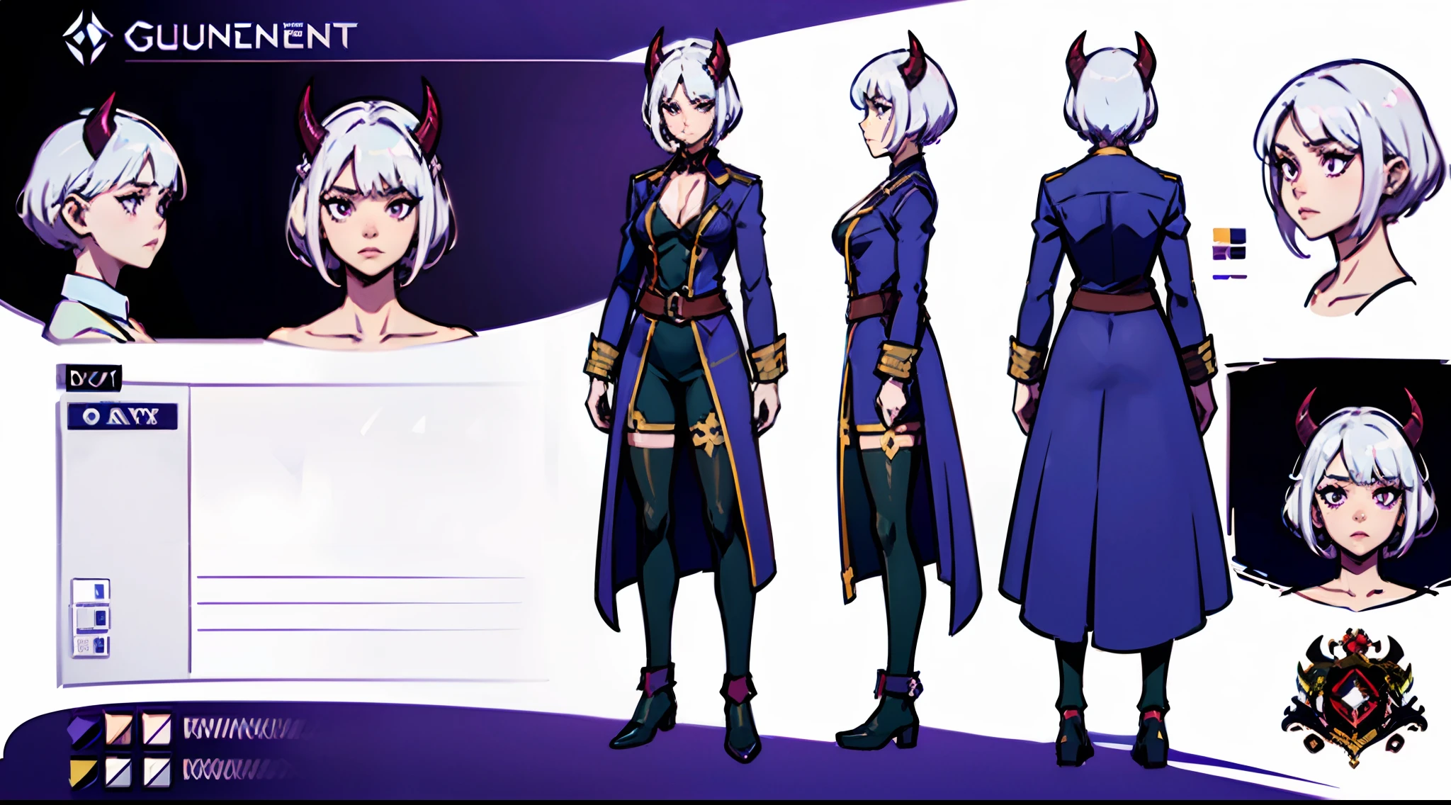 (Masterpiece, best quality), detailed, 1girl, ((character concept art)), ((character design sheet, same character, front, side, back)), many items, (black demon horns, adventurer guild lieder uniform, ex dungeon explorer, royal cloth, many parts), detailed purple eyes, detailed face, different expressions, small B cup boobs, white hair and white skin, detailed hair, formal style haircut, full of details.