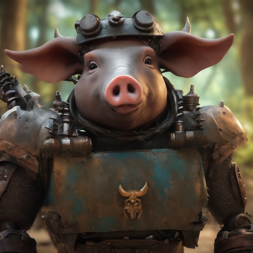 A half war pig half robot half human with a axes