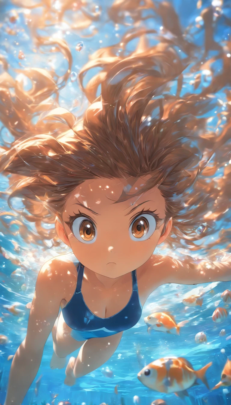 foreshortening, depth of field, masterpiece, best quality, 1girl, brown hair, brown eyes, long hair, underwater, air bubble, solo, looking at viewer, school swimsuit, swimming, dappled sunlight,