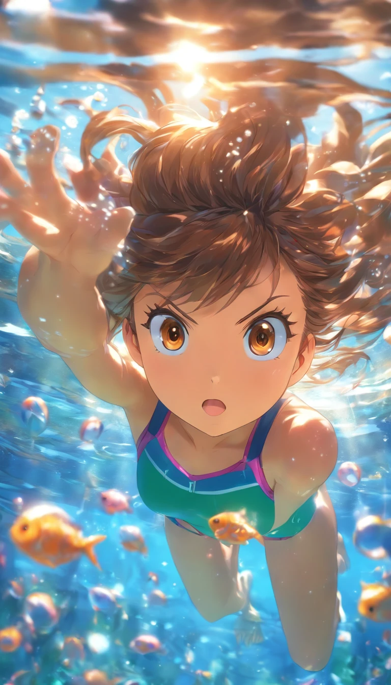 foreshortening, depth of field, masterpiece, best quality, 1girl, brown hair, brown eyes, long hair, underwater, air bubble, solo, looking at viewer, school swimsuit, swimming, dappled sunlight,