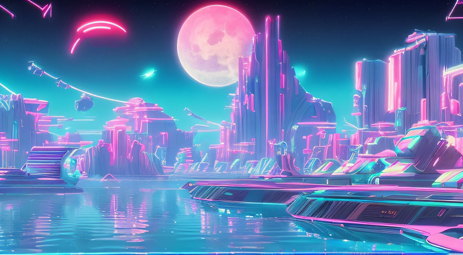 “((Best quality)), ((masterpiece)), ((dreamy)), ((synthwave punk)),"Imagine a dreamy fantastical dreamscape of detailed "spaceship sci fi anime" under the sea, background are fairy tale little mermaids wearing red headphone swimming around the "spaceship sci fi anime"