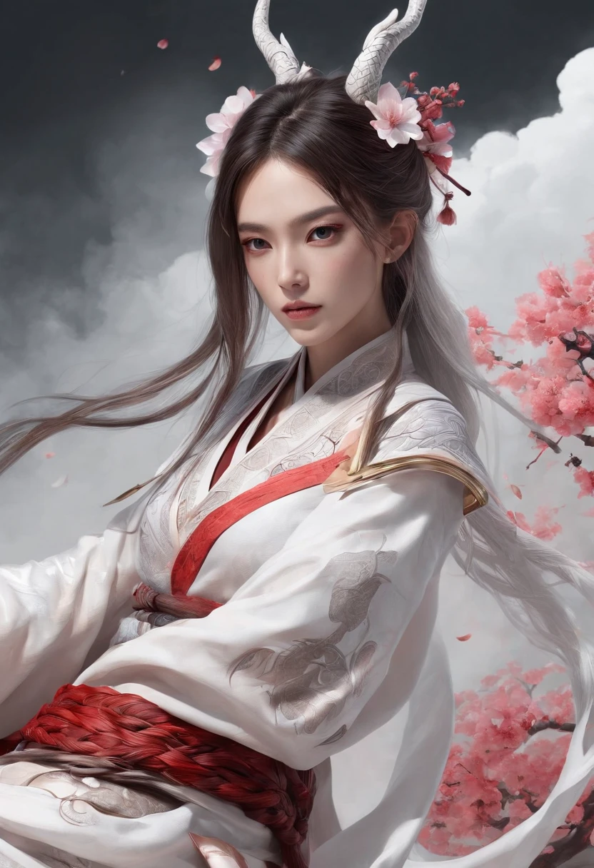 Luna Freya Knox Frey,High-tech dragon knight mech,mechanically aesthetic,Virtual Engine 5,rendering by octane,hyper HD,动态照明,art stations,poster for,Volumetriclighting,Very detailed faces,4k wallpapers,He has a delicate and beautiful face,long hair flowing,horse tailed,Fringed Hair Ornament,Dynamic perspective,White Hanfu,White gauze flying,red waistband,Sexy,Tradition Chinese Ink Painting,Surrounded by clouds,cherry blossom,fog atmosphere,Ride a white dragon,White dragon horn,dynamic viewing angle,电影灯光