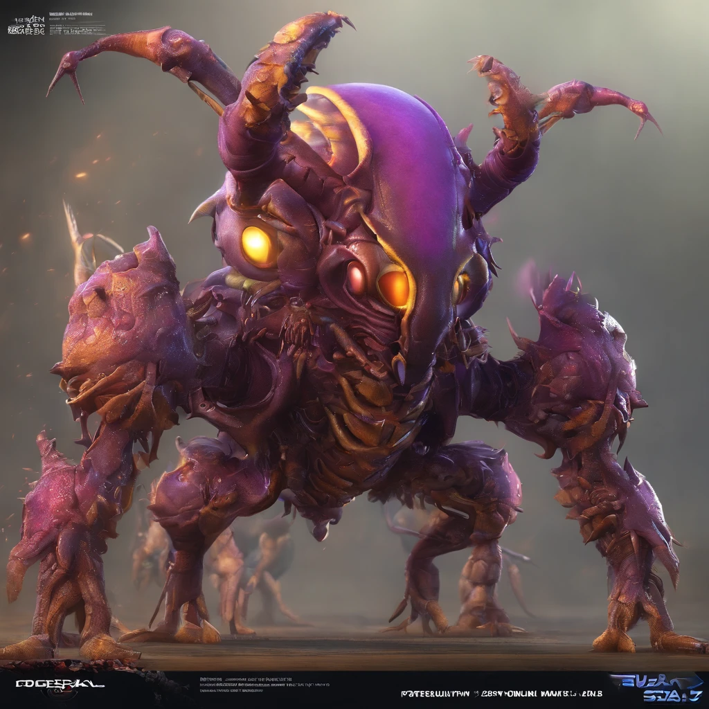 A purple bug with heavy armor,huge tusks,Stout arthropods,Multiple eyes,Thick armor,zerg, Zerg StarCraft, A scene from the《StarCraft》, space insect android, insect like, Shogoth, changelingcore, Creature - Mecha face, Swarms of mutant organisms, zerg hydralisk, detailed maw, Alien biological weapons, nanotech demonic monster horror, detailed hot maw, Alien hive,Poisonous luminous bugs,