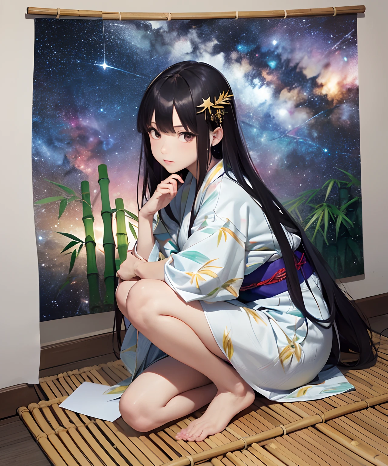 Masterpiece, highest quality, realistic, (((Tanabata: 1.8)))), ((Star Festival: 1.5)), (Orihime in a yukata and waiting for her with long black hair and a large star-shaped hair ornament and looks sideways at the viewer with a lonely expression)))), (((Galactic stars in the dark night sky)), 20 years old, full body, photorealistic, ((leans on bamboo with a large amount of thin colored paper)), calf, barefoot