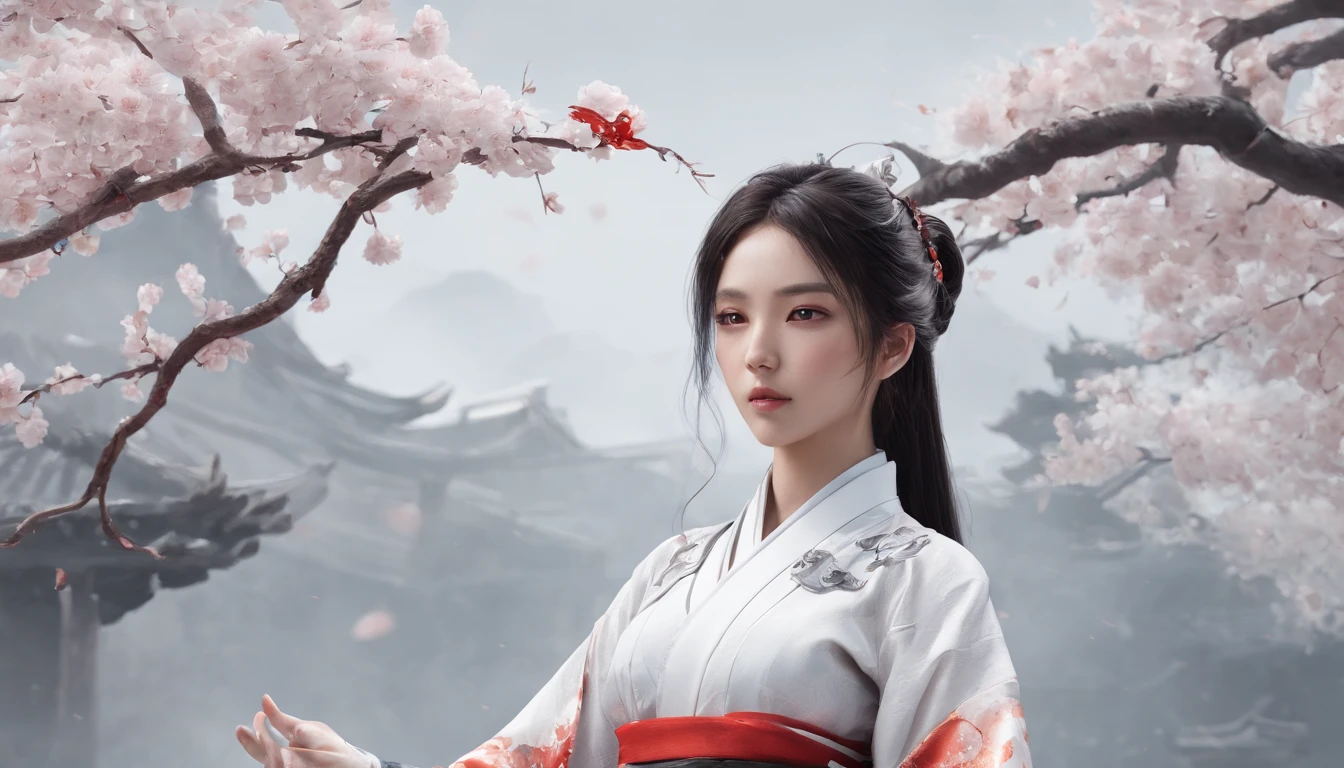 Luna Freya Knox Frey,动态照明,art stations,poster for,Volumetriclighting,Very detailed faces,4k wallpapers,He has a delicate and beautiful face,long hair flowing,horse tailed,Fringed Hair Ornament,Dynamic perspective,White Hanfu,White gauze flying,red waistband,Sexy,Tradition Chinese Ink Painting,Surrounded by clouds,cherry blossom,fog atmosphere,Ride a white dragon,White dragon horn,dynamic viewing angle,电影灯光