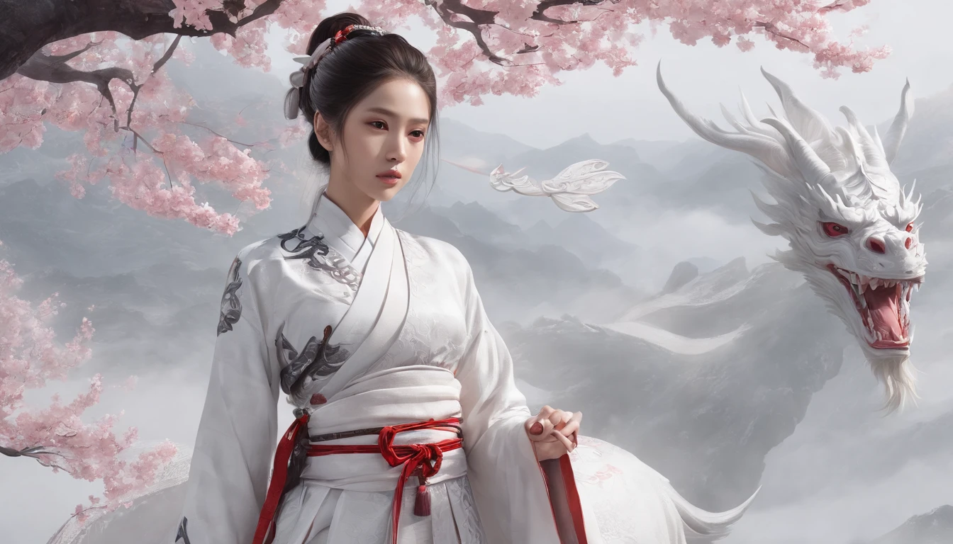 Luna Freya Knox Frey，动态照明，art  stations，poster for，Volumetriclighting，Very detailed faces，4k wallpapers，He has a delicate and beautiful face，long hair flowing，horse tailed，Fringed Hair Ornament，Dynamic perspective，White Hanfu，White gauze flying，red waistband，Sexy，Tradition Chinese Ink Painting，Surrounded by clouds，cherry blossom，fog atmosphere，Ride a white dragon，White dragon horn，dynamic viewing angle，电影灯光