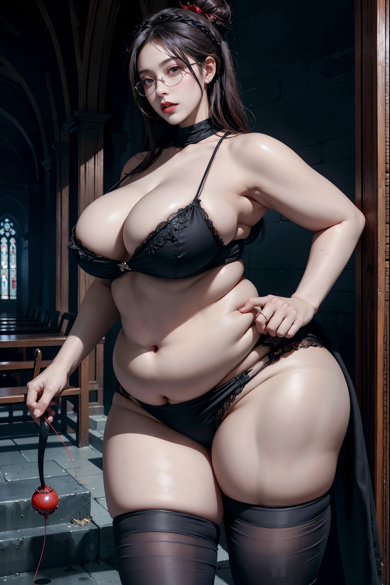 in the darkness nigth： 1.6）， surreal female portrait by David Hockney and Alphonse Mucha， Fantasyart， Japan Mature Woman， photorealisti， 动态照明， art  stations， inside a church， Volumetriclighting， very highly detailed face， 8K Ultra， Award-Awarded， in the darkness nigth， deep shading， low tune， cowboy lens， （bathing towel： 1.4）， long whitr hair， brunette color hair， Huge bust，beachside，trpical garden， devil  crown，red eyes make up very sharp and detailed， The most beautiful face， The breasts are large and round， Ultra photo realsisim，  attractive smile， having fun，The eye makeup is good，Guviz，devil style，wearing black mesh socks， pony tails，There is a bow tied behind the hair， Red black lips，Devil tattoo on the shoulder，Wearing a thin red and black tulle，The scenery is gloomy and thunderous，（sportrait），Close-up of main character，（Background detail 1.8），super breasts，Huge buttocks，A MILF，Eye makeup，Gloss on lips，Charming，middle aged women，leg apart，camel-toe，Ass focus，Butt to the camera,rosette，Red Jewel，（Sexy nun），Love glasses，fumo，rear-entry，Fishing nets，hair-bun，Hairpin，Breasts are larger than the body，super breasts，pubes，ssmile，Be red in the face