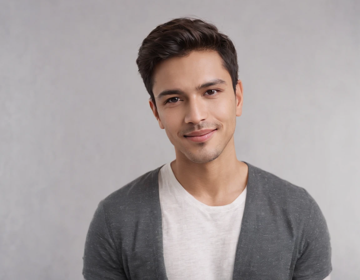 (Photo: 1.3) af (realism: 1.3), ((Latino man )), frontal close-up, soft light, clear face, happy, cheerful, warm light, white T-shirt, (off-white background), (blank background), (grey wall background) avatar, (short hair), smile, handsome, young, short hair, smile, (close-up)