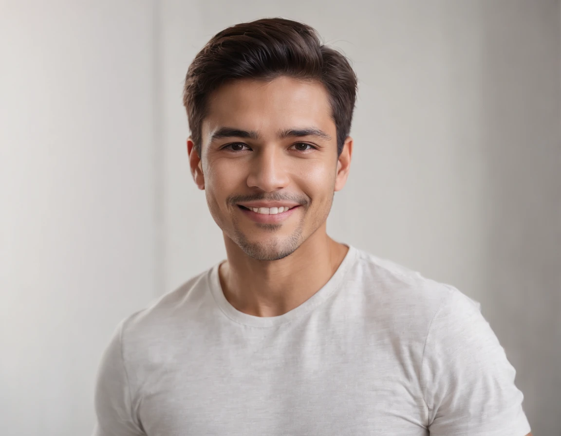 (Photo: 1.3) af (realism: 1.3), ((Latino man )), frontal close-up, soft light, clear face, happy, cheerful, warm light, white T-shirt, (off-white background), (blank background), (grey wall background) avatar, (short hair), smile, handsome, young, short hair, smile, (close-up)