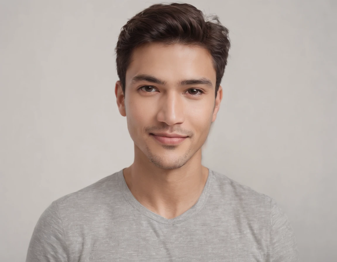 ((Latino man)), (Photo: 1.3) af (realism: 1.3),frontal close-up, soft light, clear face, happy, cheerful, warm light, white T-shirt, (off-white background), (blank background), (grey wall background) avatar, (short hair), smile, handsome, young, short hair, smile, (close-up)