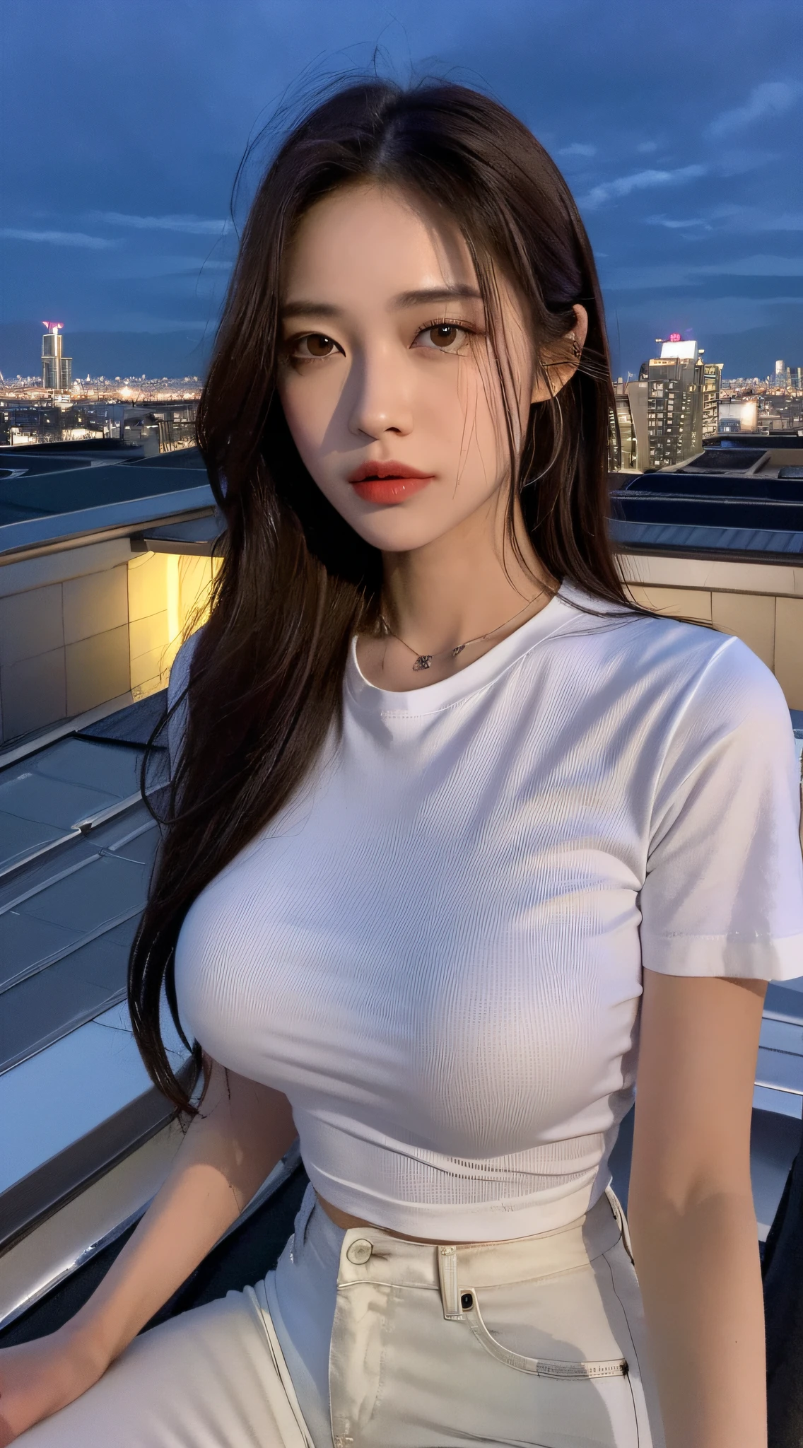 ((mid night、top-quality、8k、masterpiece:1.3)), full bodyesbian, long legged, foco nítido:1.2, Beautiful woman with perfect body shape:1.4, Slender Abs:1.1, ((dark brown hair、huge tit:1.2)), (White tight t-shirt、Tight skinny jeans 、is standing:1.2), ((Night City View、On the rooftop:1.3)), Highly detailed facial and skin texture, A detailed eye, 二重まぶた