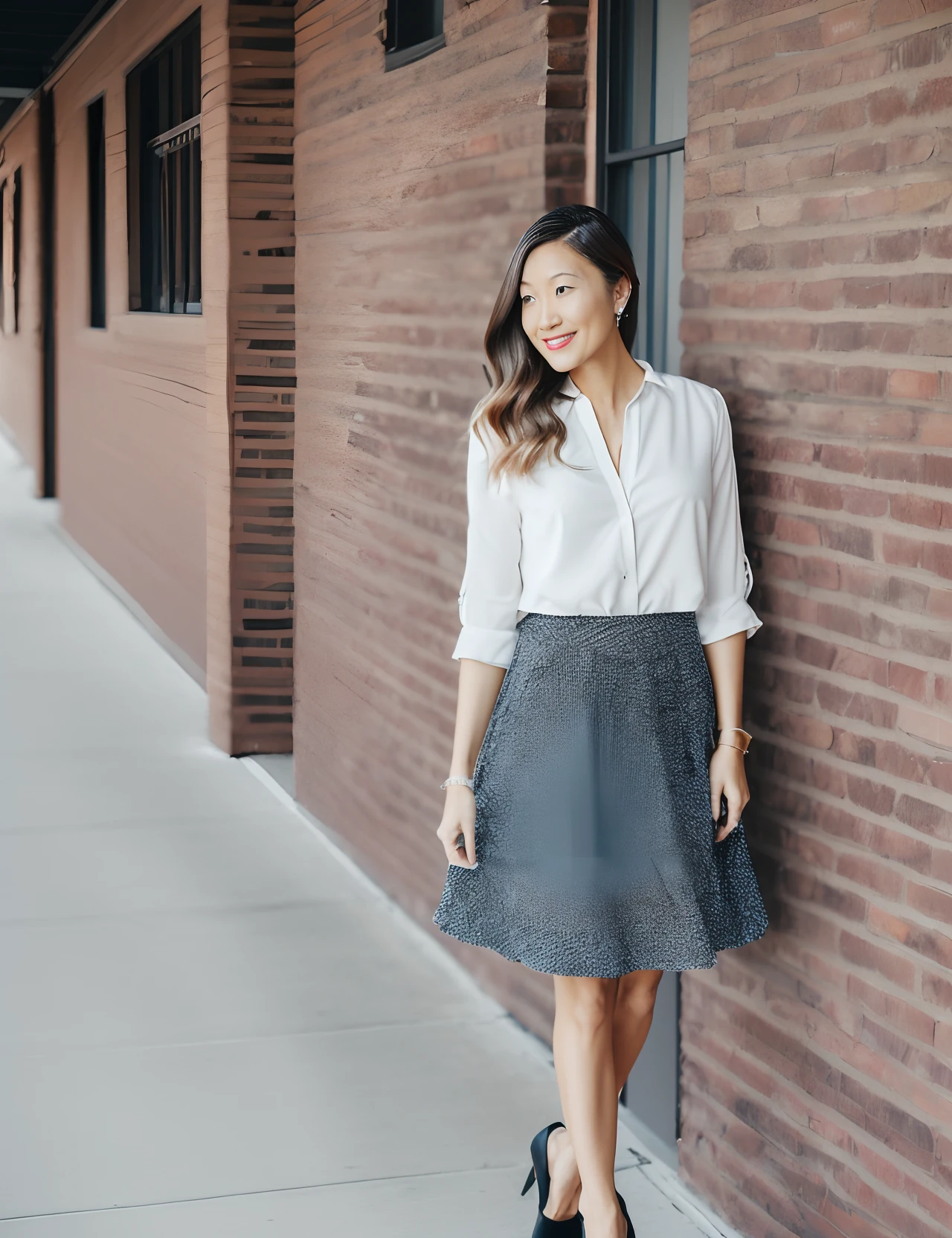 Girl of 30 years old, shingle , Coiling hair, in heels in a skirt.