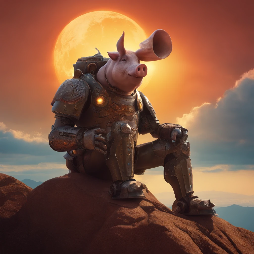 A half war pig half robot half human with a axes in its hand on a cliff side looking at the sun