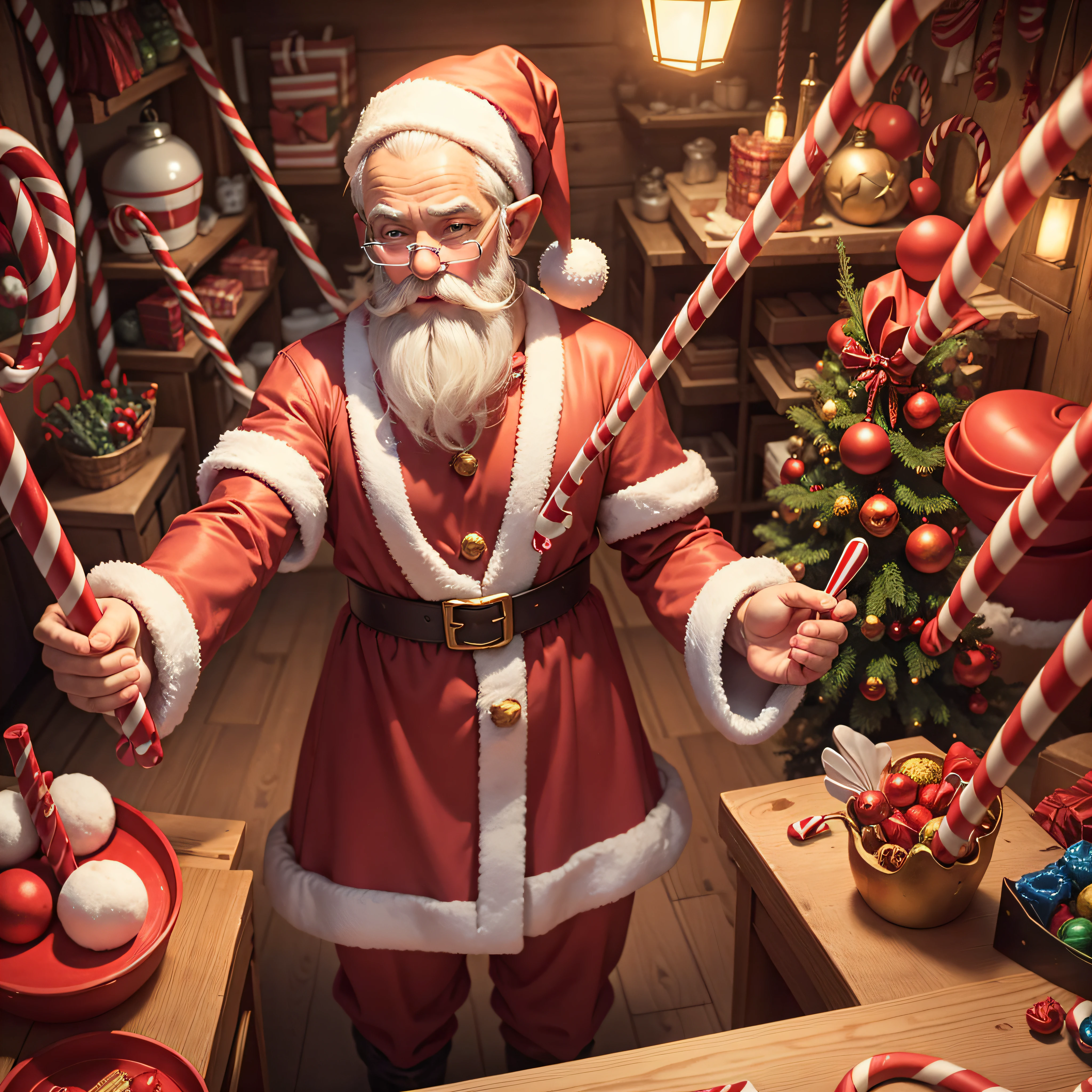 Santa's Workshop: Santa's magical workshop bustling with elves, toys, and the iconic red and white striped candy canes.