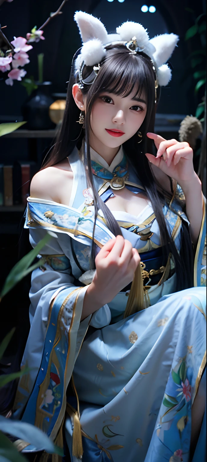 (8k, RAW photo, best quality, masterpiece:1.2),(realistic, photo-realistic:1.37),photo mapping,professional lighting,radiosity,1girl,solo,long_hair,(bracelet:1.1),(long legs:1.2),(earrings:1.1),physically-based rendering,proscenium,performance,be seated,Chinese dress,dark blue and gold dress,shiny dress,Correct hands,hands on legs,red dress