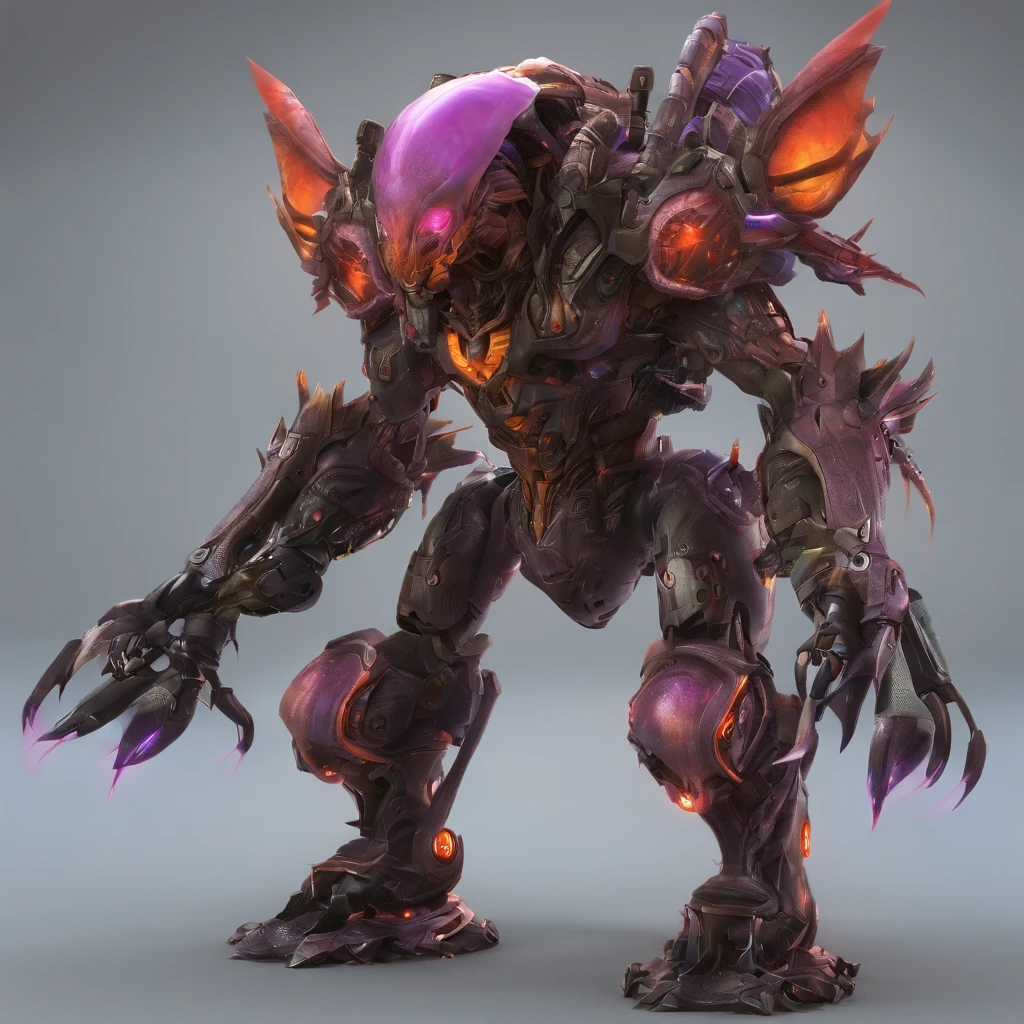 a highly red eyes glowing.detailed cyborg crab robot, a highly detailed cyborg humanoid robot, a highly detailed cyborg scorpion robot.. metal antenna. red sharp eyes shape. Sharp teeth metal Gundam . Transformers, exquisite purple armor with silver accents, hyperrealistic, 8k, photo-realistic, cinematic lighting. Samurai robot. , intricate machinery, gears, wires, sleek futuristic design, dynamic poses, dramatic shadows, vibrant colors. Lighters. Steampunk. Ben 10. Zoid. Digimon. Hulkbuster.. wind dinamic. Very shape