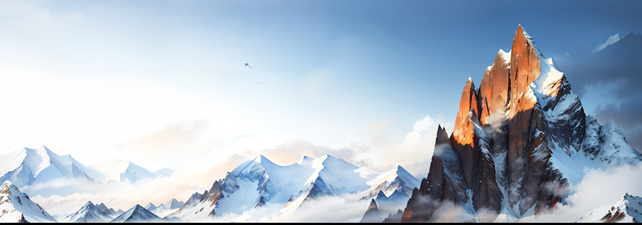 The foreground is mountains and blue skies of snow and clouds, Snowy mountain background, mountains background, mountain range in background, beatiful mountain background, Mountain background, mountain scene, ice mountain, icy mountains in the background, mountainous background, High hills, background mountains, mountains in fog background, inspired by jessica rossier, icy mountains in the background