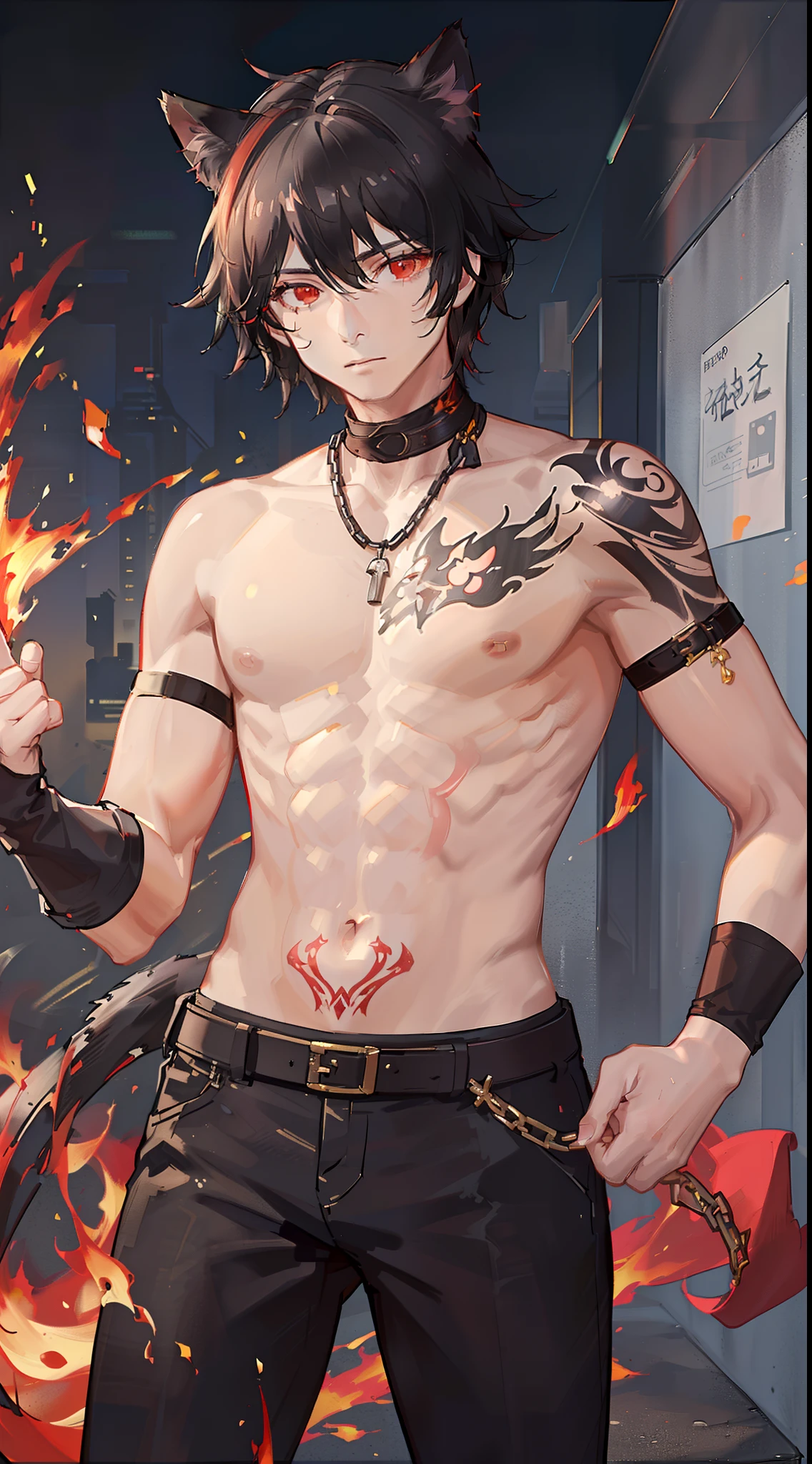 young boy, short gray hair, Cat's ears, Heterochromia, Yellow left and brown right eyes, tattoo, open torso, Pants of a Chinese general, swords, Masterpiece, hiquality