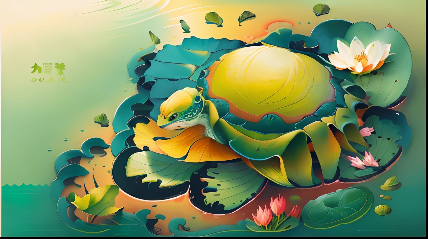 On a lotus leaf in the pond lies a large turtle，There are aquatic plants around，Water waves，Mountain streams，Lotus flower，at ease，Vivid colors， Vintage hand painting, Commercial illustration style，Master composition，hyper-detailing，hyper HD，tmasterpiece