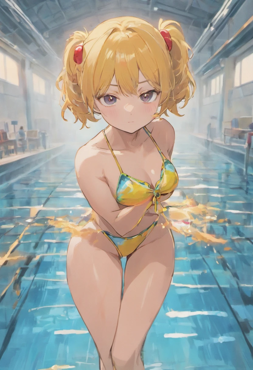 with a whipped body,Stand by the school pool. School swim wear,Sukusui,She looks a little embarrassed, Sweat glistens all over the body. There are traces on her chest, Nipples visible through the swimsuit,Her swimsuit is tight, Love juice dripping from thighs, I can see her pubic hair. erotick,anime styled,masutepiece,Precise depiction,