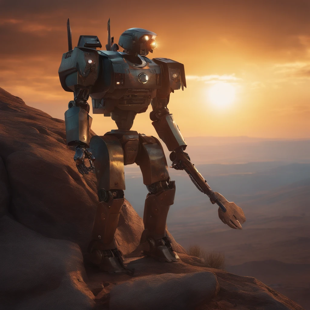 A war robot half human with a axes in its hand on a cliff side looking at the sun