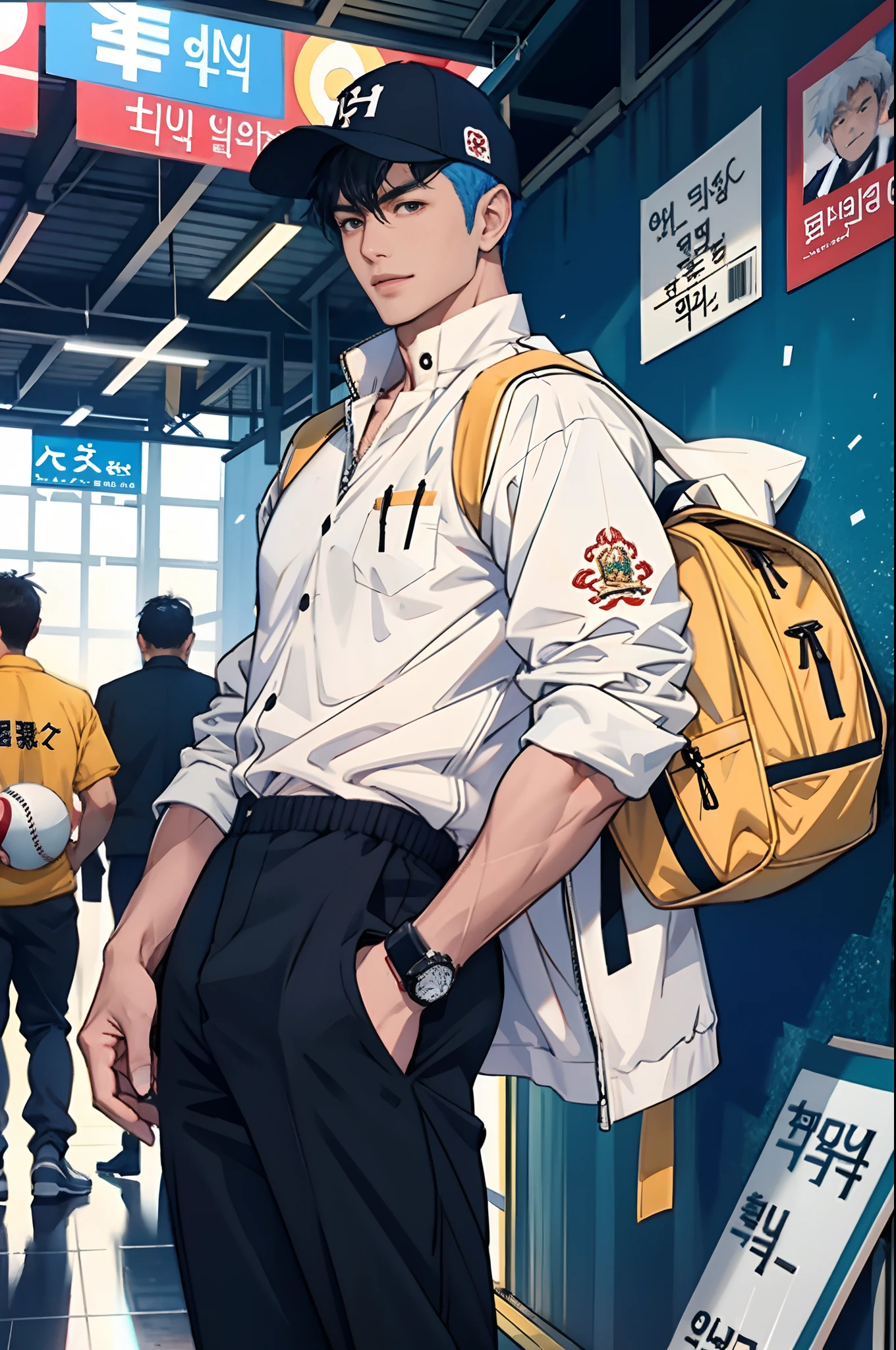 (tmasterpiece,超高分辨率,16k UHD,high qulity),low tune,commute,ads,tvp,standing on your feet,looking at viewert,tmasterpiece,pretty, Strong, In the university's cafeteria,sitted,(black super short hair),Black eyes,Turn to the back,ssmile,Seoul,(small heads),Precise anatomy,sports club, Precise hand structure,light colored costume,Jacket, espadrilles, Casual Fashion, Pocket, wristwatch, baseball cap,Unity 16K wallpaper,concept-art,One guy,8K eyes,(((Mature male))),(short detailed hair),Work pants,(photorealiscic face:1.8),broad shoulder,slips,(full bodyesbian:1.6),Male 24,