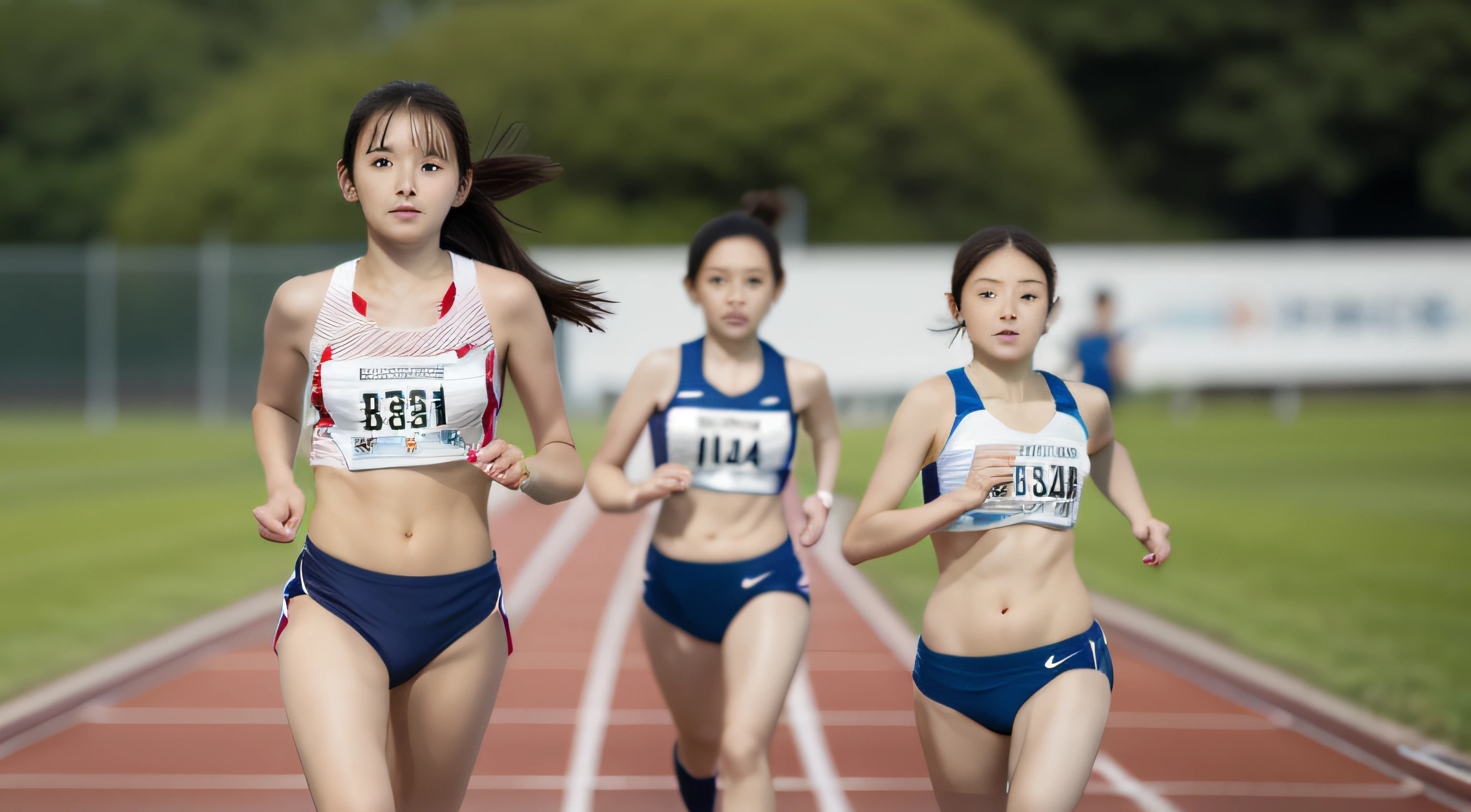 top-quality、16k images 1 Japan girl、Girls' School Track and Field Team Member、slenderbody、short-hair、Run in sports underwear with your navel out、Detailed eyes and noses、Detailed pupils、athletic field、Starting position of the 100-meter starting line、Waiting in a knee-upped position、Shot from the butt side、