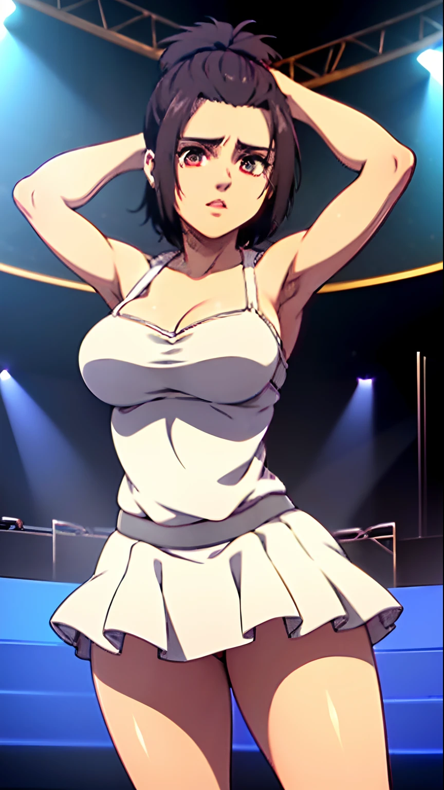 (cowboy shot), sfw,  (masterpiece), (best quality:1.0), (ultra highres:1.0), detailed eyes
BREAK
 GabiAOT, looking at viewer, 1girl, standing on stage
Primaballerina_tutu, wearing a short skirt 
BREAK
(stage, theater, indoors, gorgeous view) , big breasts, sexy figure, short skirt, visible underwear , ((detailed face)) , High Resolution , ((Gabi From AOT)) , (((too short skirt)))