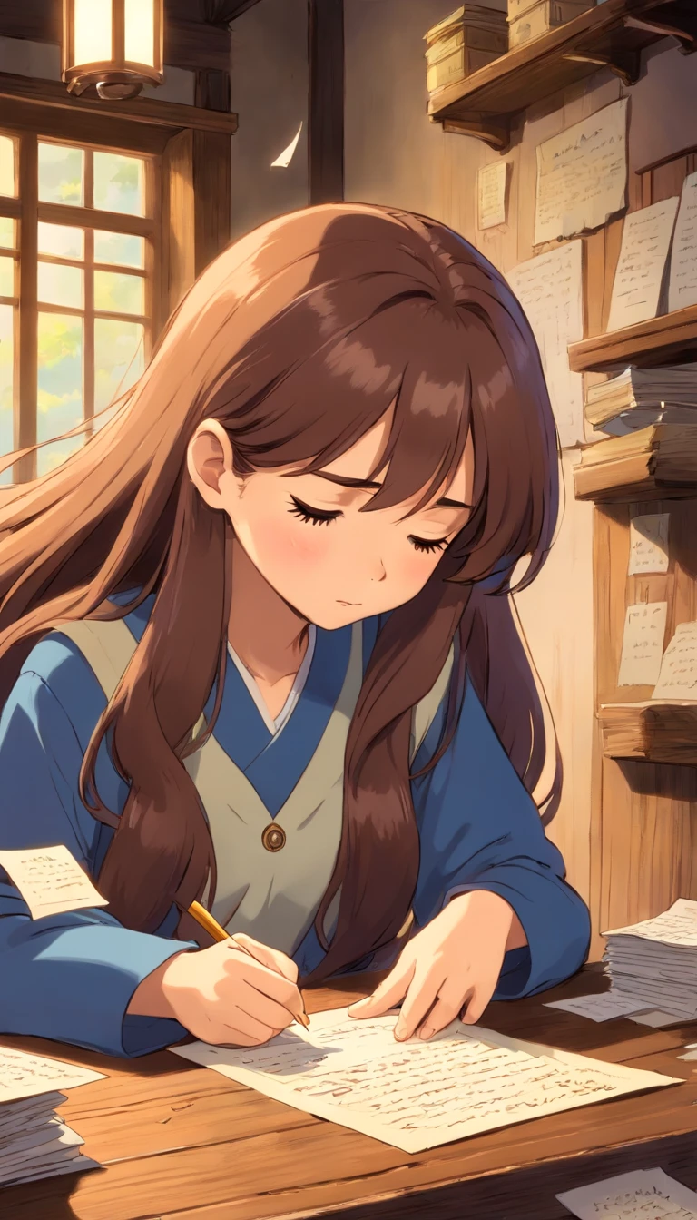 a girl with long brown hair reads a letter and crying