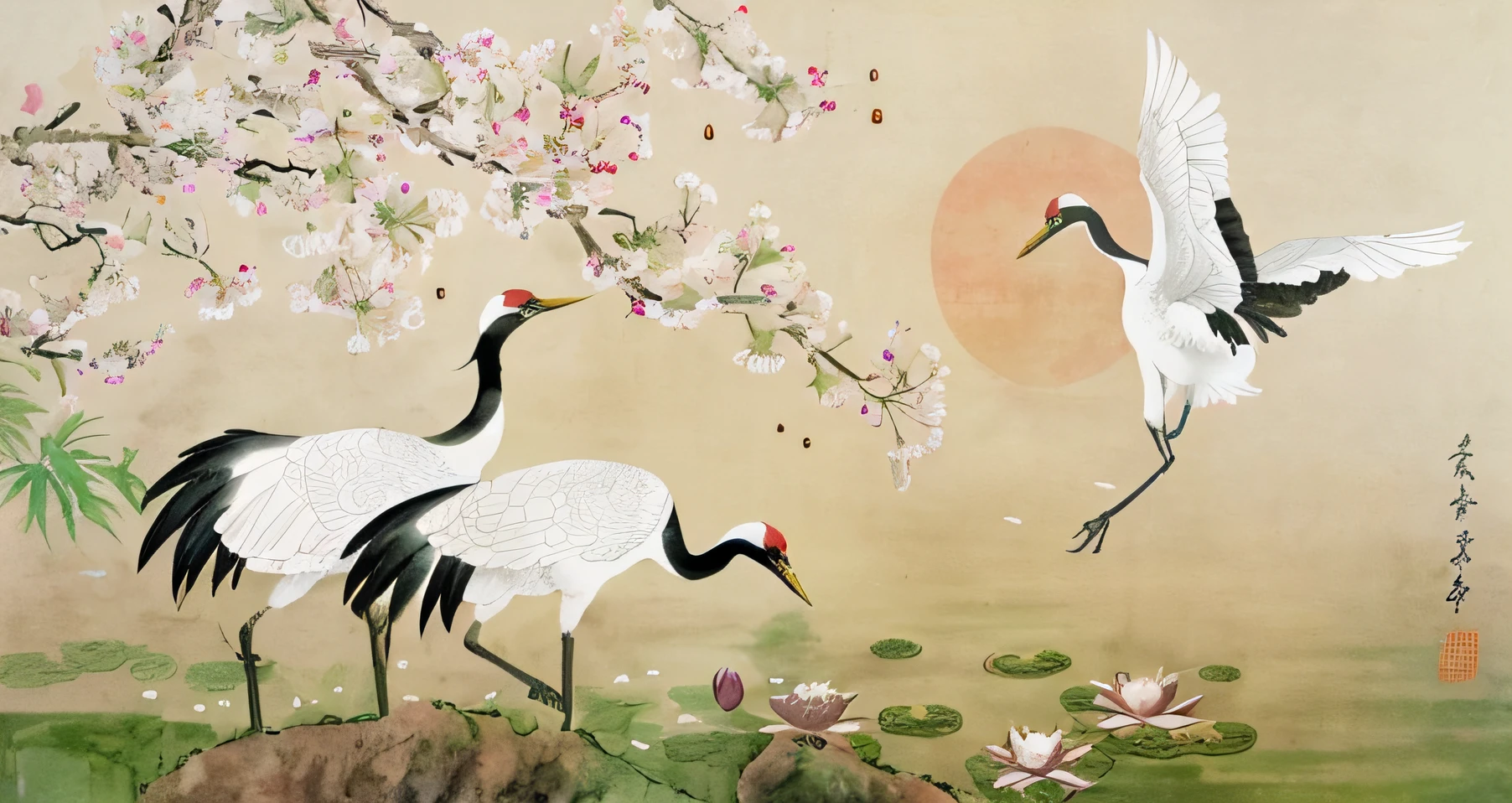 Chinese Style, Ink Painting, Gongbi Painting, Three Cranes, Begonia Flowers, Stones, Lotuses, Sun