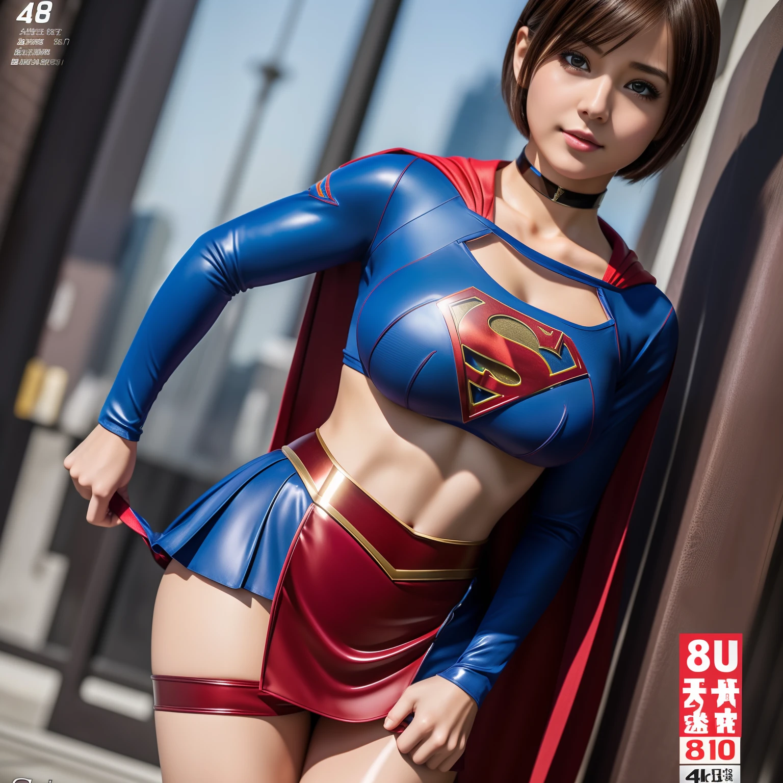 (Best Quality,4K,8K,hight resolution,masutepiece:1.2),Ultra-detailed,Realistic:1.37,Super masterpiece,Chained to an abandoned prison、Short-haired Supergirl kneeling barefoot、large full breasts、Looking at the camera、Glossy costume、Tattered costume、a choker、humiliated、Weekly magazine cover、Sex slaves、Covered in mud