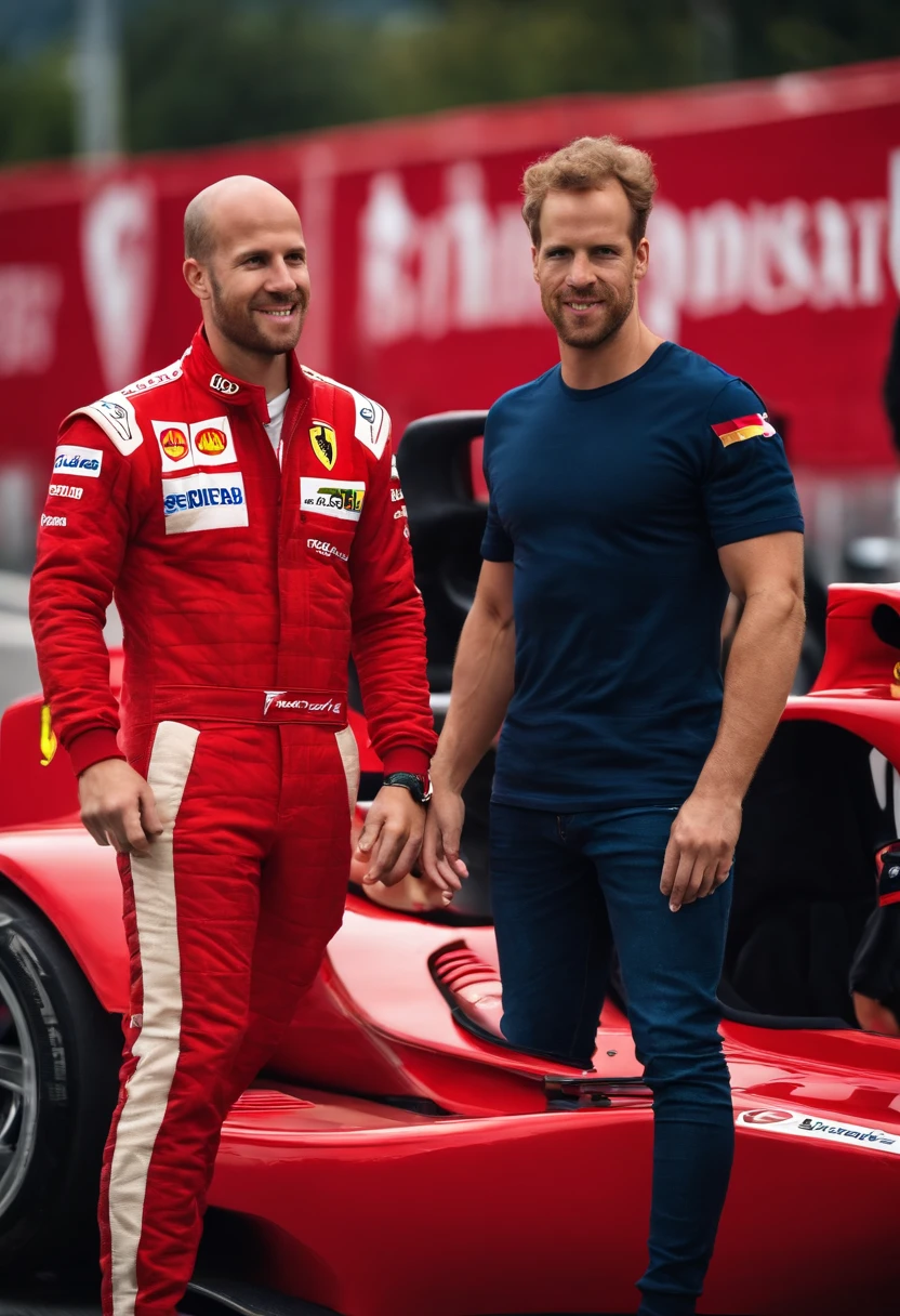 Muscular Active Gay Sebastian Vettel in a Red Ferrari Racing Jumpsuit and His Boyfriend Bald Jock in a T-shirt and Jeans