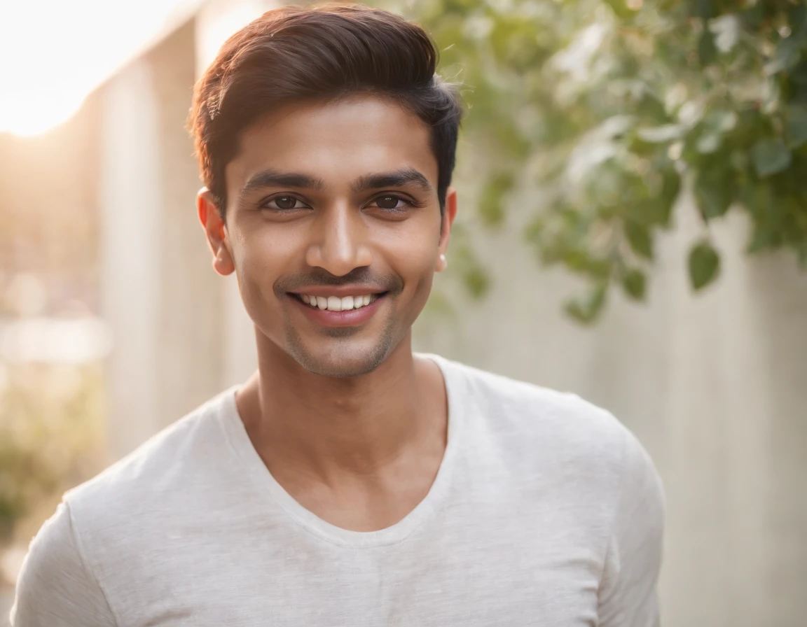 ((Indian man)), (photo: 1.3) af (realism: 1.3), frontal close-up, soft light, clear face, happy, cheerful, warm light, white t-shirt, (off-white background), ( Blank background), (gray wall background) avatar, (short hair), smile, handsome, young, short hair, smile, (close-up)
