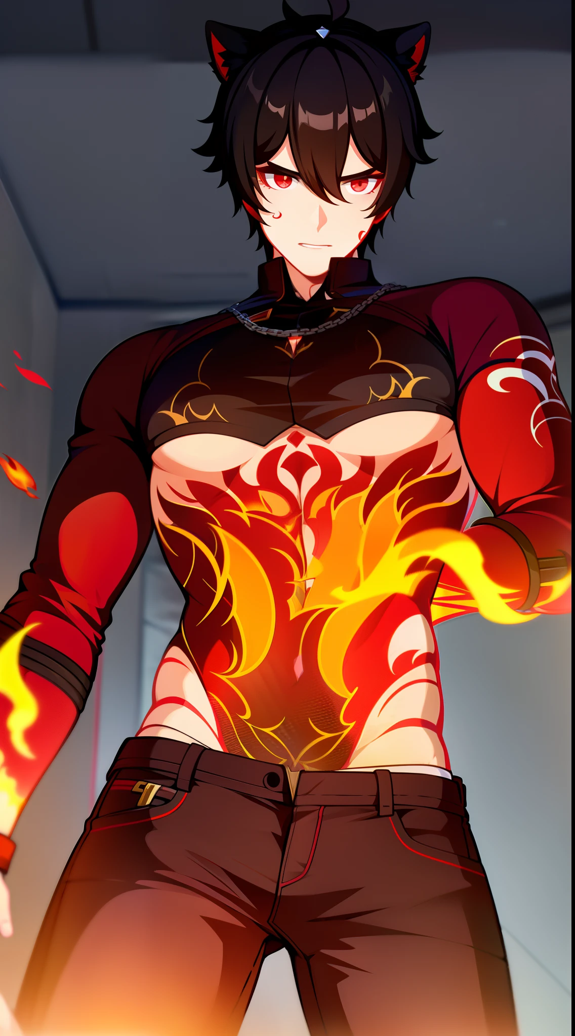 young boy, short black hair, cat ears, red eyes, tattoo, open torso, red pants, fire, Masterpiece, hiquality, 4k, HD, Good detail