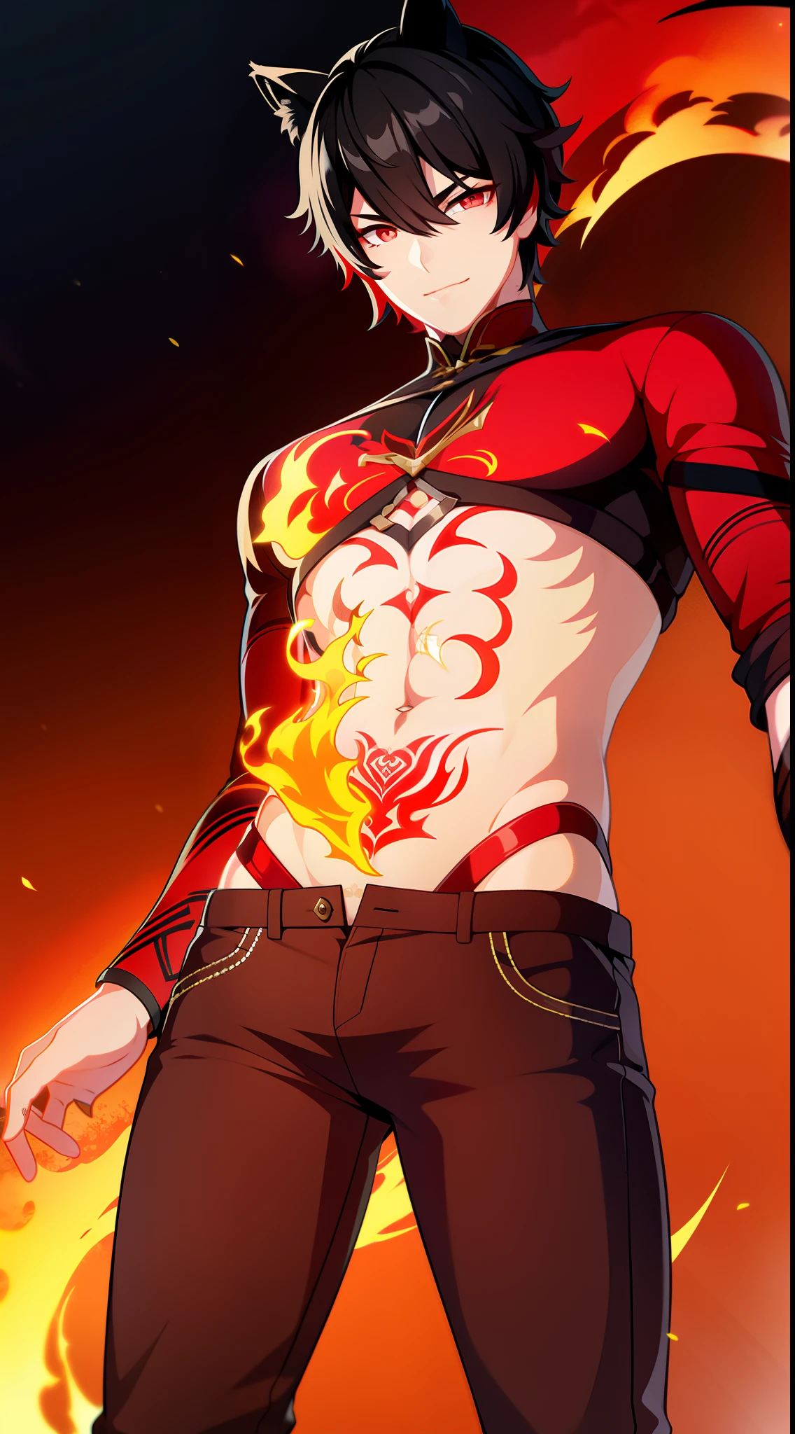 young boy, short black hair, cat ears, red eyes, tattoo, open torso, red pants, fire, Masterpiece, hiquality, 4k, HD, Good detail