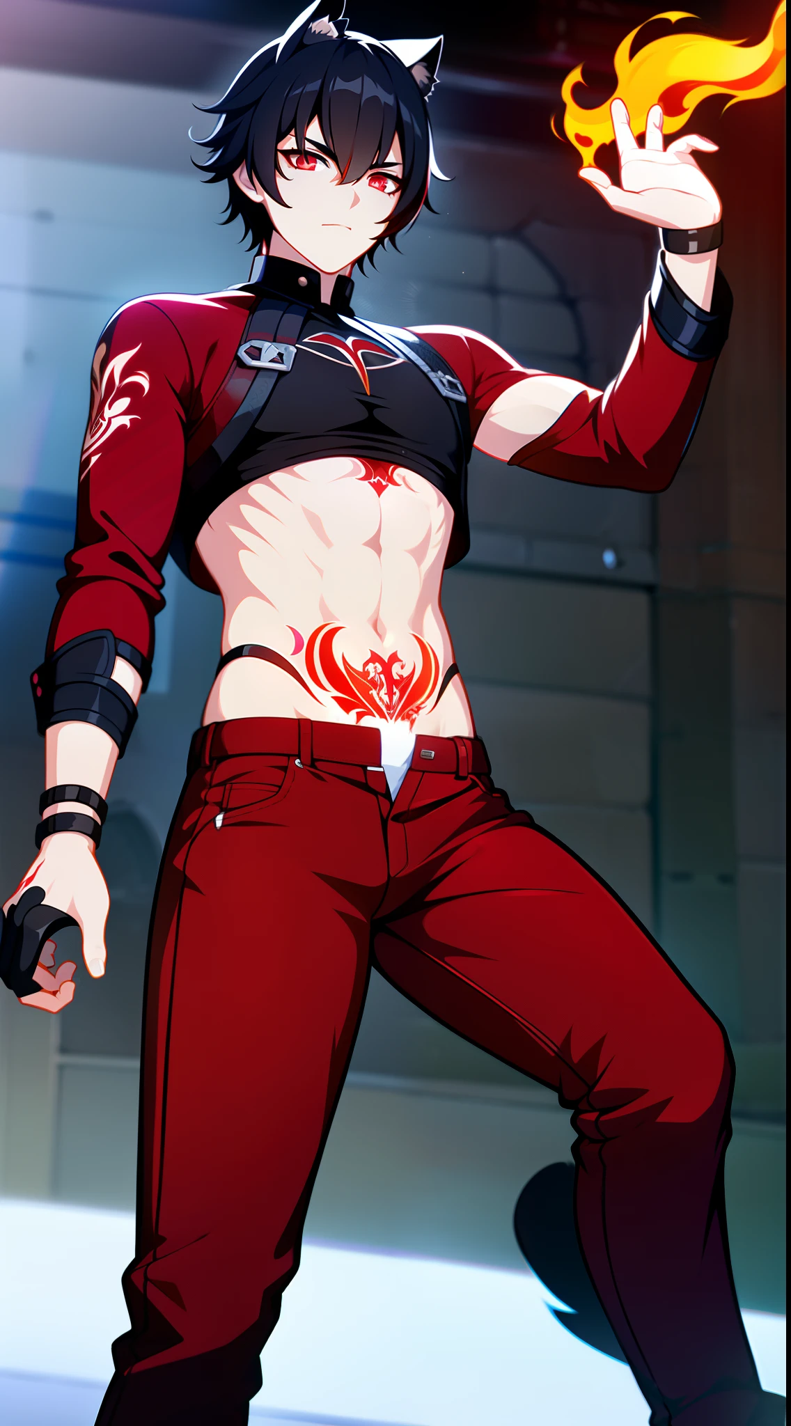 young boy, short black hair, cat ears, red eyes, tattoo, open torso, red pants, fire, Masterpiece, hiquality, 4k, HD, Good detail