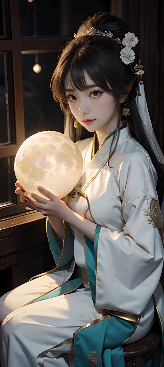 Chang'e,Moon,Hanfu,period costume,Huge Moon,Holding the rabbit