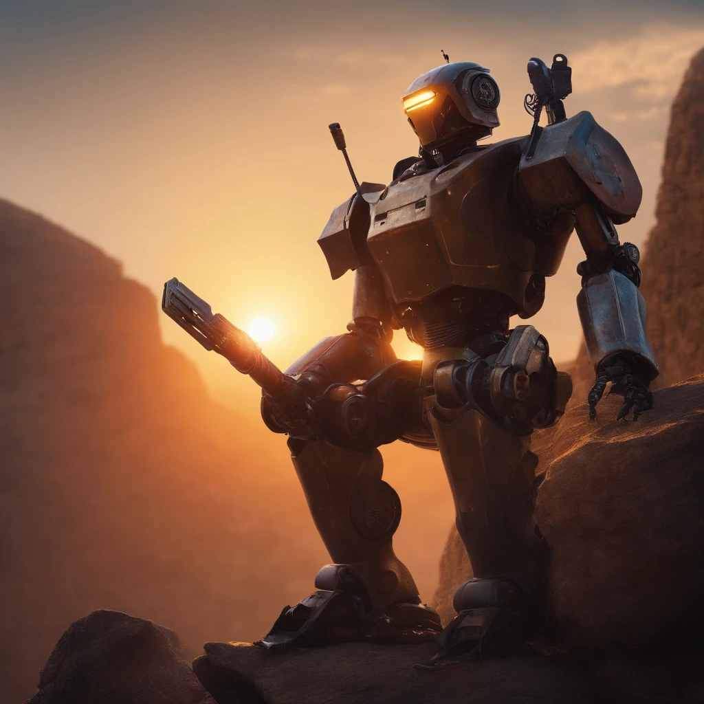 A war robot half human with a axes in its hand and raising it up on a cliff side looking at the sun and sitting down