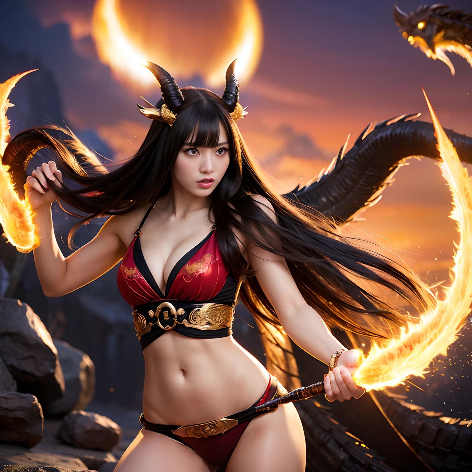 (((Fierce battle with aliens))),Professional , masterpiece、top-quality、photos realistic , depth of fields 、(sexypose)、(Black maple on the background of full bloom),(Ultimate Beauty)、A dark-haired、Mystical expression、(shrine background)、(Kimono with beautiful pattern)、(Night background)、Beautiful hair ornament on the head、,(intense fighting),((Precipitous cliffs)),(Wear a beautiful kimono),(Wear a colorful and beautiful kimono)、(Japan Castle Background)、Jewel Gold Weapon、Particles of light),(intense fighting)、Gorgeous gold weapons ,Castle background、(( Gorgeous Dragon Sword)) , (a dark night),,(maikurobikini) 、((Black Haired Beautiful Girl))、(Castle background)、(demonic wings)、((Gangle's forest background))、Beautiful Caucasian beauty、1a person、dynamic ungle,(((Two devil's horns on the head)))、Smaller head、Idle Smile、Thin and beautiful female hands、Mystical expression、Light Effects、intense fighting、Wind-effect、magic circles、With the legendary magic wand、Dragon's tail、Anatomically correct fingers、