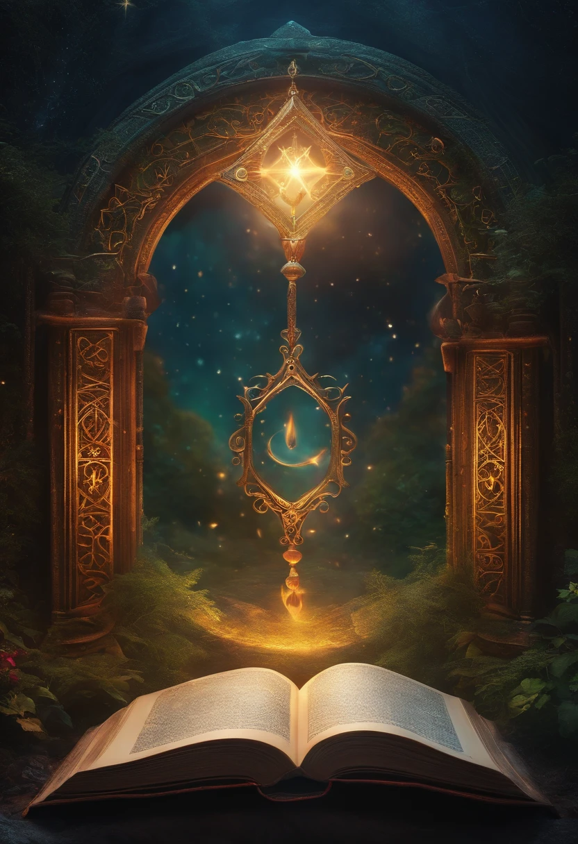 Open book, There is no content or text on the page,Enchanting magical symbol, mystical aura, Vibrant colors, Glowing runes, Ethereal atmosphere, fantasy book, Intricate details, Soft lighting, a whimsical illustration, surreal scene, Attractive glyphs