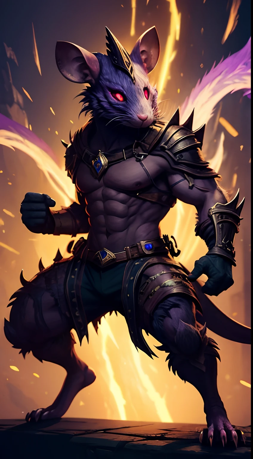 rat mask creature, animated, fantasy colors, fighting pose, full body, magic energy background, masterpiece, ultra high details