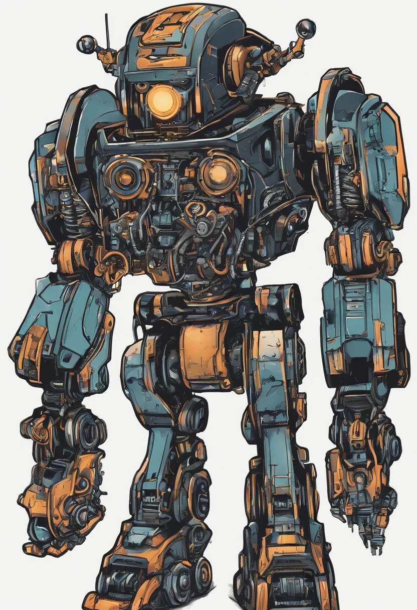/imagine prompt: robot illustration for a sticker with a black background, in bold outline style, jagged edges, trashcore, light shading --v 5.2