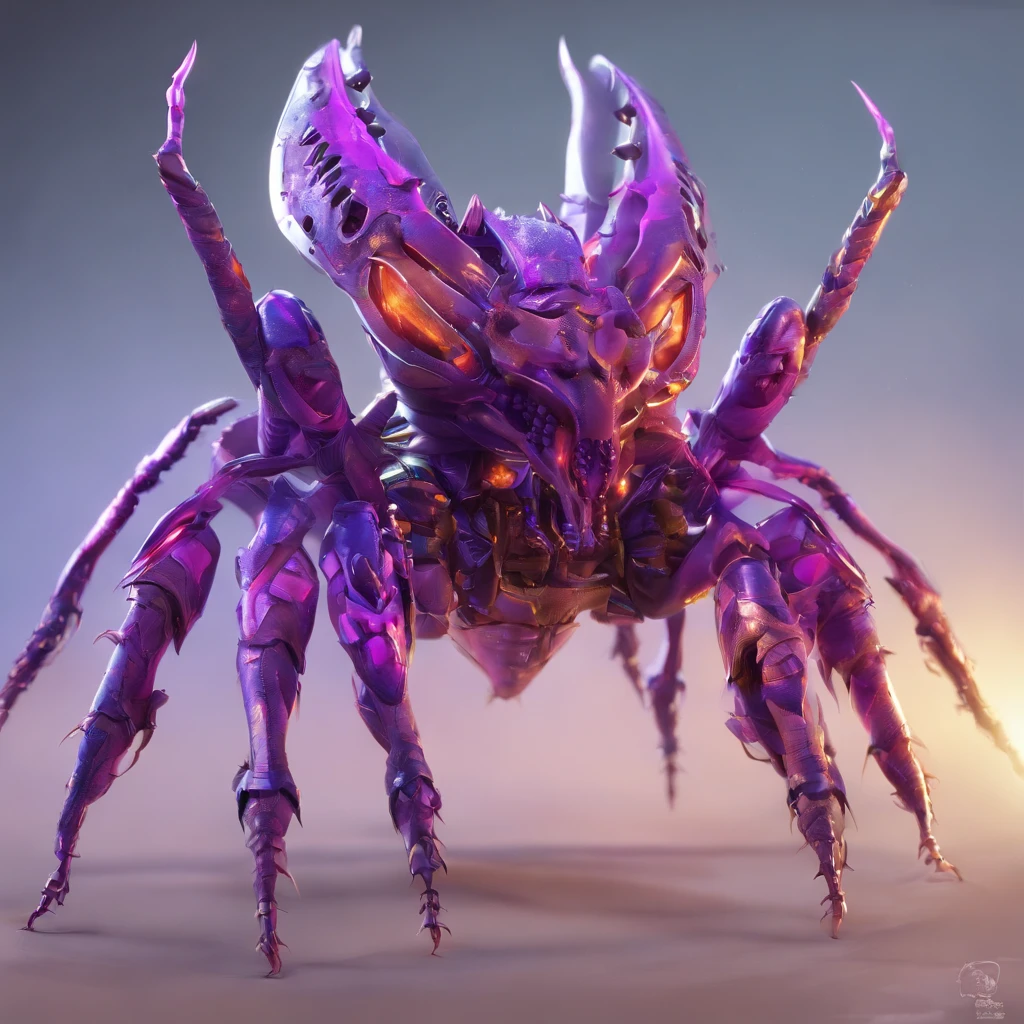 A purple bug with huge claws and fangs, zerg, Zerg StarCraft, A scene from the《StarCraft》, space insect android, insect like, Shogoth, changelingcore, Creature - Mecha face, Swarms of mutant organisms, zerg hydralisk, detailed maw, Alien biological weapons, nanotech demonic monster horror, detailed hot maw, Alien hive，Poisonous luminous bugs，