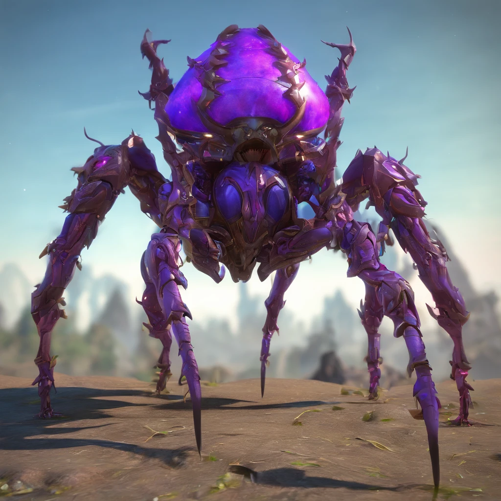 A purple bug with huge claws and fangs, zerg, Zerg StarCraft, A scene from the《StarCraft》, space insect android, insect like, Shogoth, changelingcore, Creature - Mecha face, Swarms of mutant organisms, zerg hydralisk, detailed maw, Alien biological weapons, nanotech demonic monster horror, detailed hot maw, Alien hive，Poisonous luminous bugs，