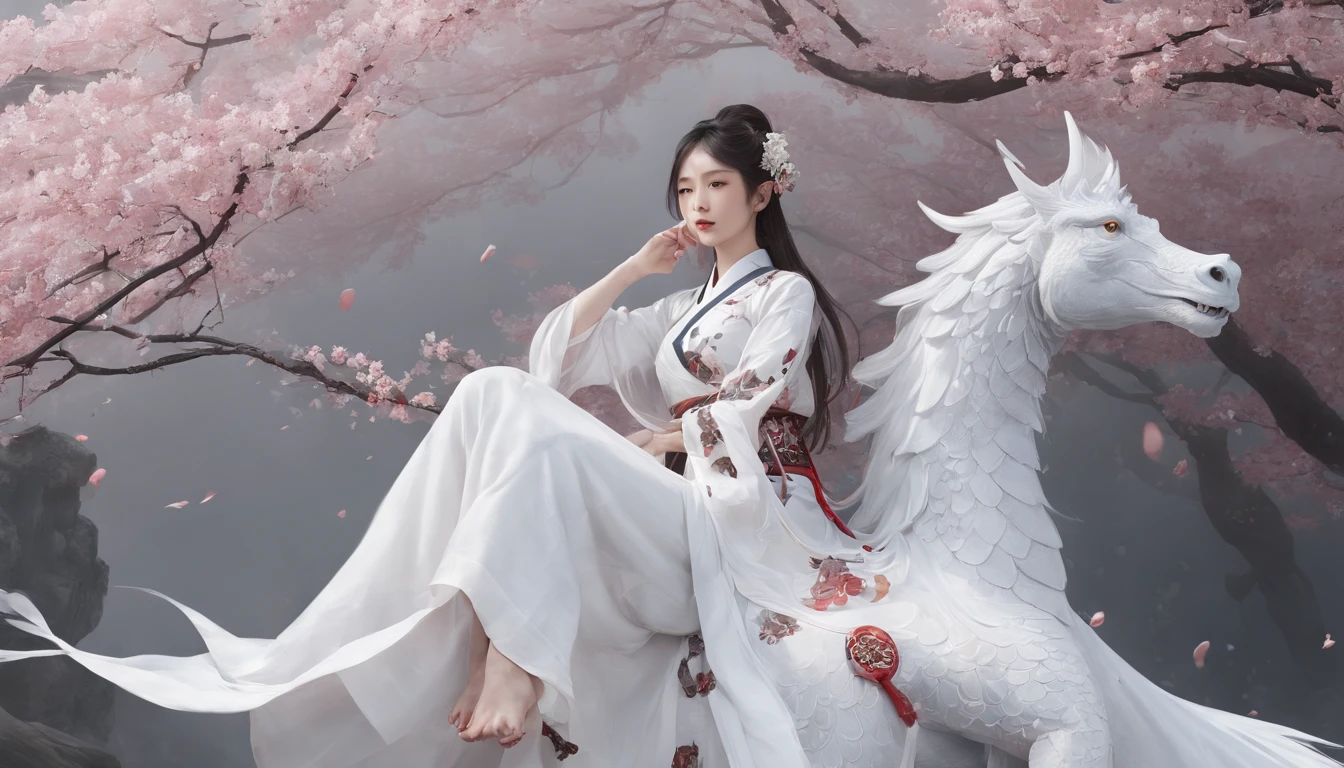 Luna Freya Knox Frey,动态照明,art stations,poster for,Volumetriclighting,Very detailed faces,4k wallpapers,He has a delicate and beautiful face,long hair flowing,horse tailed,Fringed Hair Ornament,Dynamic perspective,White Hanfu,White gauze flying,red waistband,Sexy,Tradition Chinese Ink Painting,Surrounded by clouds,cherry blossom,fog atmosphere,Ride a white dragon,White dragon horn,dynamic viewing angle,电影灯光