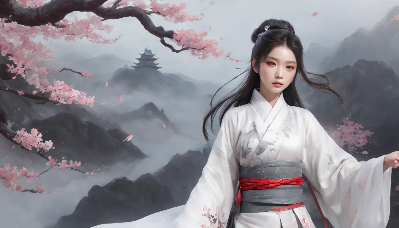Luna Freya Knox Frey,动态照明,art stations,poster for,Volumetriclighting,Very detailed faces,4k wallpapers,He has a delicate and beautiful face,long hair flowing,horse tailed,Fringed Hair Ornament,Dynamic perspective,White Hanfu,White gauze flying,red waistband,Sexy,Tradition Chinese Ink Painting,Surrounded by clouds,cherry blossom,fog atmosphere,Ride a white dragon,White dragon horn,dynamic viewing angle,电影灯光