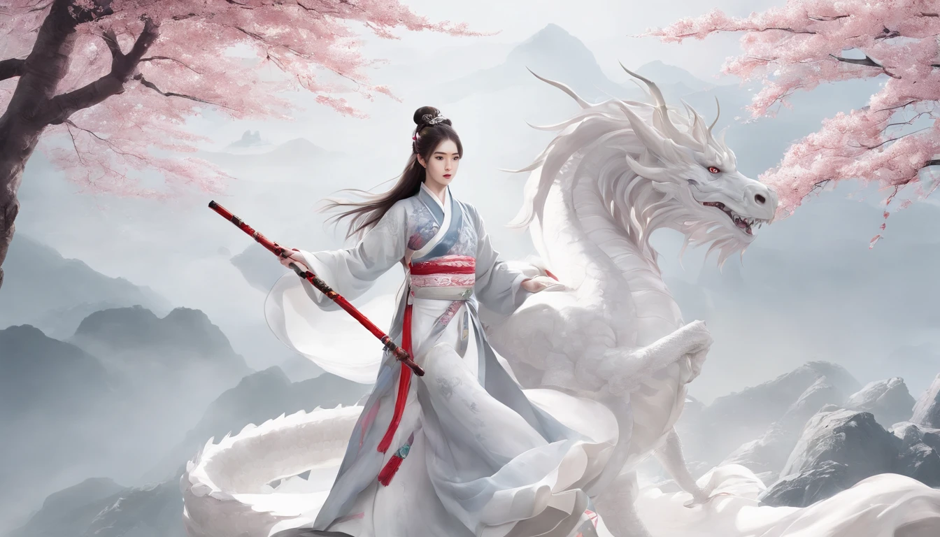 Luna Freya Knox Frey,动态照明,art stations,poster for,Volumetriclighting,Very detailed faces,4k wallpapers,He has a delicate and beautiful face,long hair flowing,horse tailed,Fringed Hair Ornament,Dynamic perspective,White Hanfu,White gauze flying,red waistband,Sexy,Tradition Chinese Ink Painting,Surrounded by clouds,cherry blossom,fog atmosphere,Ride a white dragon,White dragon horn,dynamic viewing angle,电影灯光