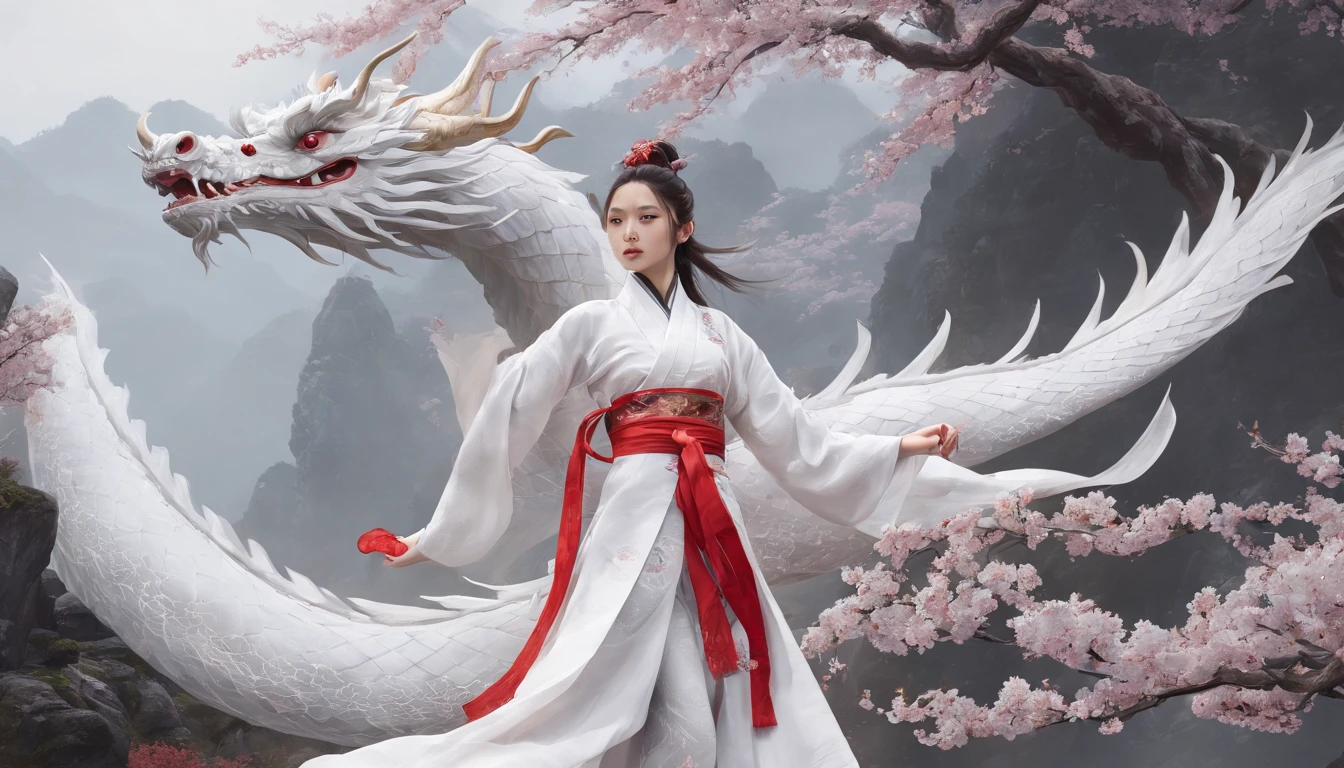 Luna Freya Knox Frey，动态照明，art  stations，poster for，Volumetriclighting，Very detailed faces，4k wallpapers，He has a delicate and beautiful face，long hair flowing，horse tailed，Fringed Hair Ornament，Dynamic perspective，White Hanfu，White gauze flying，red waistband，Sexy，Tradition Chinese Ink Painting，Surrounded by clouds，cherry blossom，fog atmosphere，Ride a white dragon，White dragon horn，dynamic viewing angle，电影灯光